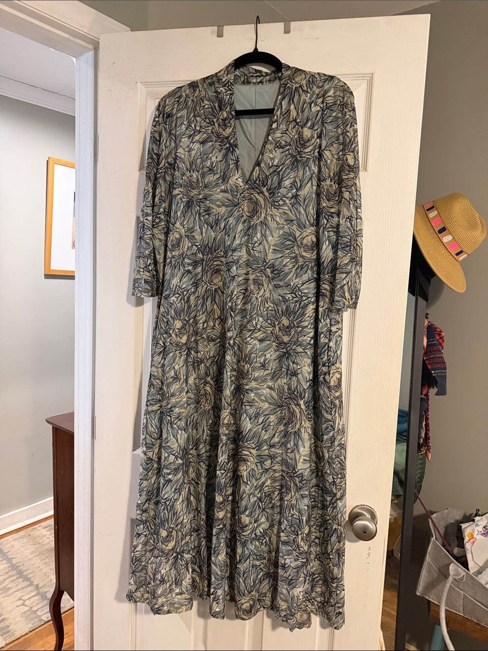 Molly Bracken Sage and Navy Floral V-Neck Midi Dress